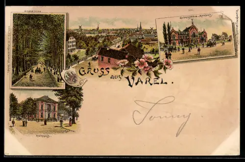 Lithographie Varel, Gerichtsgebäude, Grosse Allee und Rathaus