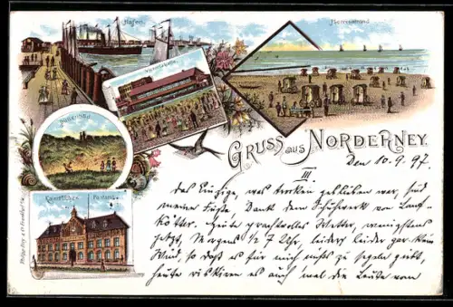 Lithographie Norderney, Herrenstrand, Victoriahalle, Partie am Hafen und Dünenbild