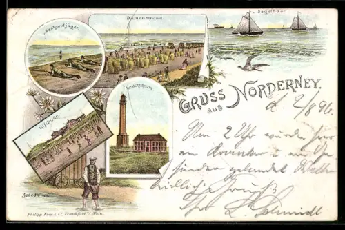 Lithographie Norderney, Leuchtturm, Seehundjäger, Damenstrand, Giftbude, Segelboote, Badediener