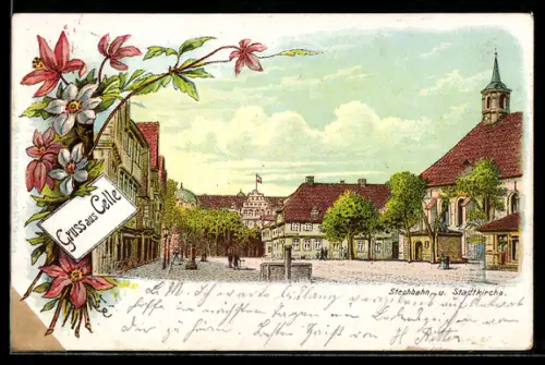Lithographie Celle, Partie an der Stechbahn mit Stadtkirche
