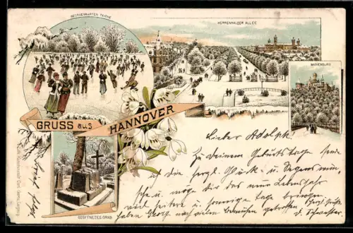 Winter-Lithographie Hannover, Marienburg, Herrenhauser Allee und Georgengarten Teiche