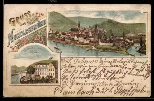 Lithographie Neckargemünd, Gasthof u. Pension zur Pfalz, Panorama