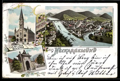 Lithographie Neckargemünd, Totalansicht, Altes Stadttor und Katholische Kirche