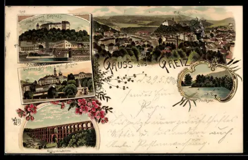 Lithographie Greiz, Totale, Oberes Schloss, Unteres Schloss mit Schule, Göltzschtalbrücke