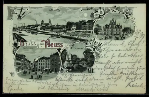 Mondschein-Lithographie Neuss, Partie am Bahnhof, Promenade und Teilansicht des Ortes
