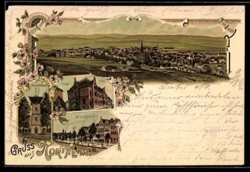 Lithographie Northeim, Post, Aussichtsthurm, Marktplatz