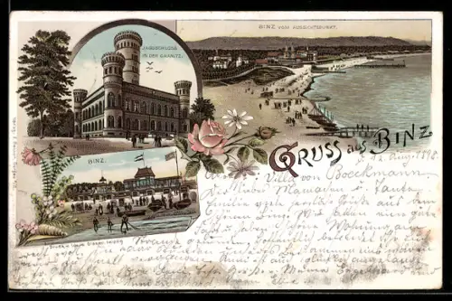 Lithographie Binz, Jagdschloss in der Granitz, Totalansicht mit Strand