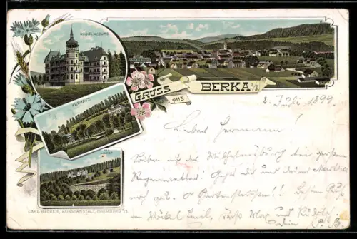 Lithographie Berka a. I., Totalansicht, Wilhelmsburg, Kurhaus und Die Hardt