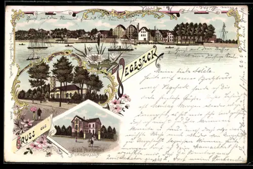 Lithographie Vegesack, Panorama vom Wasser aus, Kirche und Städtisches Krankenhaus