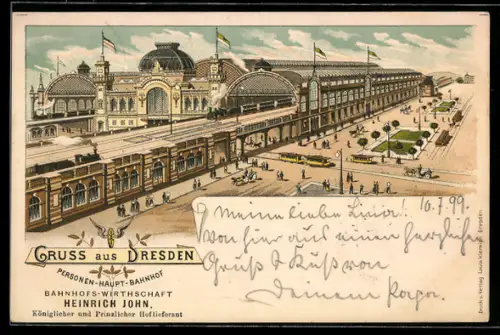 Lithographie Dresden, Blick über den Hauptbahnhof