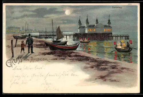 Lithographie Ahlbeck, Partie am Seesteig bei Vollmond