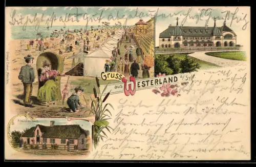 Lithographie Westerland a. Sylt, Partie am Strand mit Besuchern, Kurhaus und Friesisches Haus