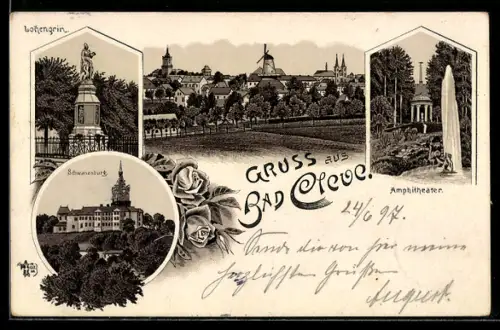 Lithographie Bad Cleve, Schwanenburg, Lohengrin, Amphitheater