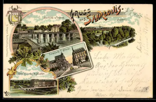 Lithographie Saarlouis, Totalansicht, Saarbrücke, Partie in der Französischen Strasse, Hotel Kaiserhof und Neustadt