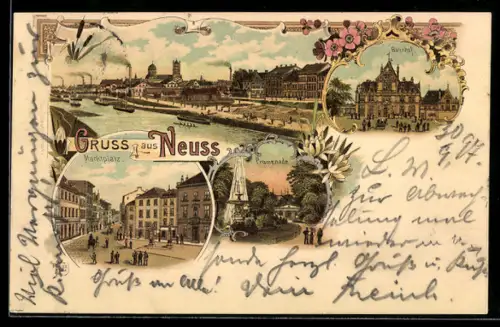 Lithographie Neuss, Bahnhof, Promenade, Marktplatz