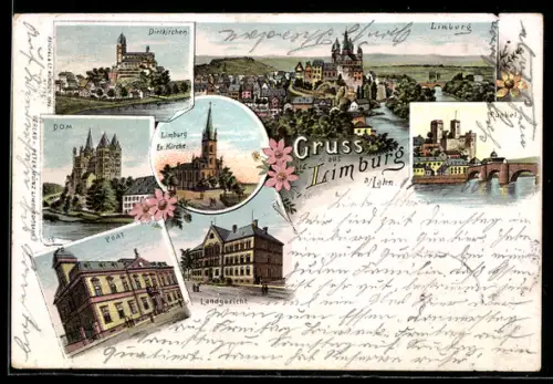 Lithographie Limburg, Totalansicht, Dietkirchen, Runkel, Dom und Post