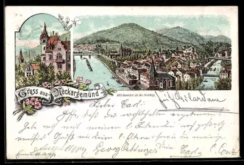 Lithographie Neckargemünd, Totalansicht des Ortes mit Brücke und Villa