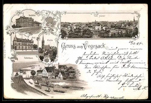 Lithographie Vegesack, Totalansicht, Bahnhof, Kirche und Hafenhaus