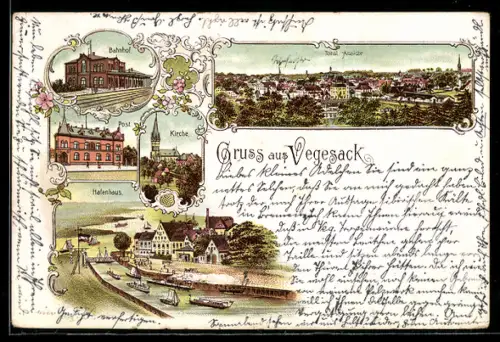 Lithographie Vegesack, Totalansicht, Bahnhof, Hafenhaus und Kirche
