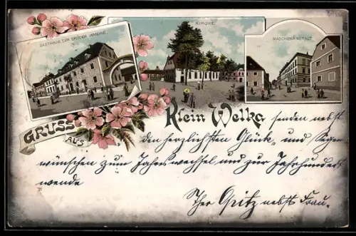 Lithographie Klein Welka, Gasthaus der Brüder Gemeine, Kirche, Mädchenanstalt