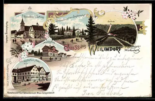 Lithographie Weilimdorf, Schlösschen auf dem Bergheimerhof, Gasthof zum Adler