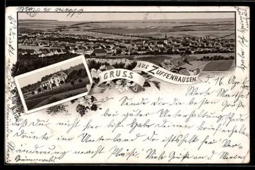 Lithographie Zuffenhausen, Ortsansicht aus der Vogelschau