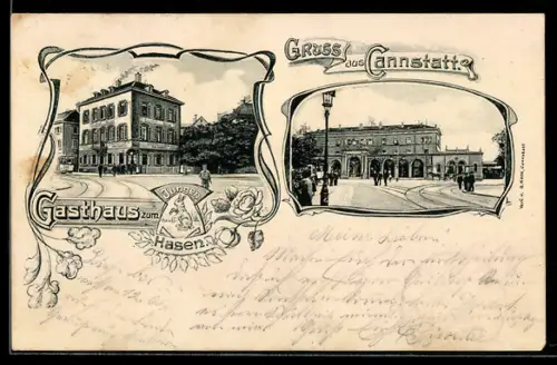 AK Cannstadt, Gasthaus zum Jungen Hasen, Partie im Ort