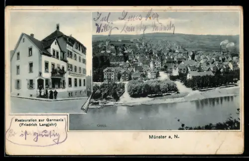 AK Münster a. N., Restaurant zur Germania, Inh. Friedrich Langjahr, Neckarpartie im Ort