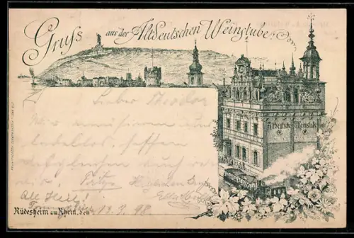 Lithographie Rüdesheim am Rhein, Gasthaus Aldeutsche Weinstube, Bes. Carl Ehrhard