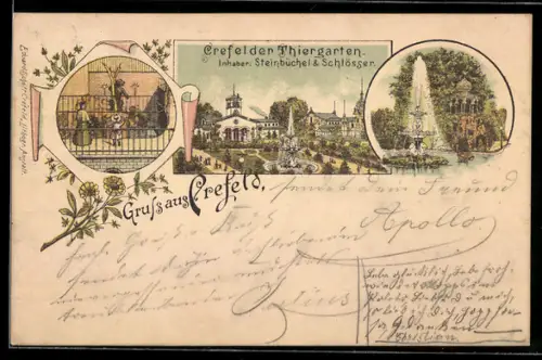 Lithographie Crefeld, Crefelder Thiergarten, Inh. Steinbücheln & Schlösser, Springbrunnen, Bärgehege