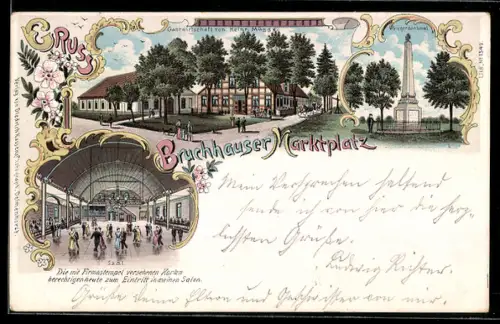 Lithographie Buchhausen-Vilsen, Bruchhauser Marktplatz, Gasthaus v. Heinrich Mügge, Kriegerdenkmal
