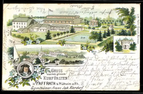 Lithographie Paffrath, Gastwirtschaft Grosser Kurfürst, Bes. Franz Jak. Kierdorf, Ortsansicht