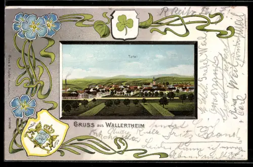 Lithographie Wallertheim, Ortspanorama, Umrandung mit blauen Blumen und Wappen