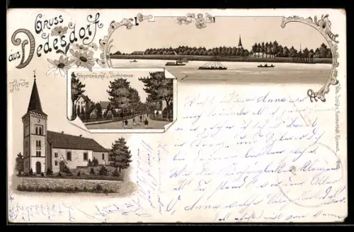 Lithographie Dedesdorf, Kirche, Kriegerdenkmal & Dorfstrasse, See mit Booten