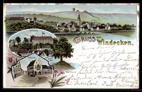 Lithographie Windecken, Rathaus, Schloss, Wartbaum
