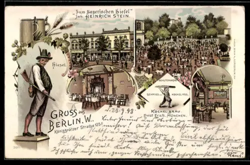 Lithographie Berlin-Kreuzberg, Zum Bayerischen Hiesel, Inh. Heinrich Stein, Königgrätzer Strasse 123