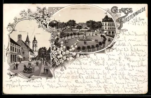 Lithographie Fürstenwalde a. d. Spree, Denkmal und Kaiserplatz, Rathaus, Kirche