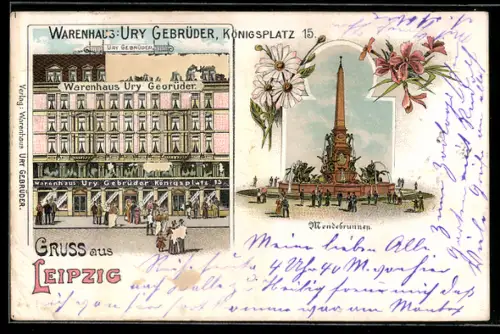 Lithographie Leipzig, Warenhaus Ury Gebrüder, Königsplatz 15, Mendebrunnen
