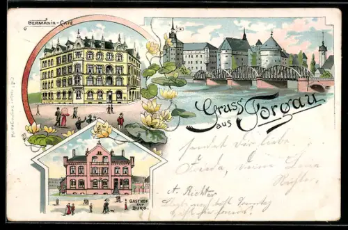 Lithographie Torgau, Germania-Cafe, Gasthof zur Burg