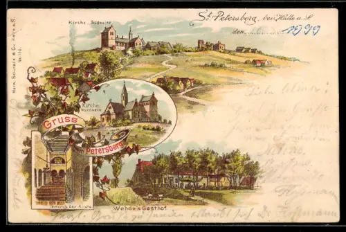 Lithographie Petersberg, Blick auf Wehde`s Gasthof, Ansichten der Kirche