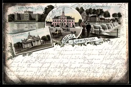 Lithographie Ludwigslust / Meckl., Grossherzogl. Schloss, Lutherische Kirche und Kaskaden