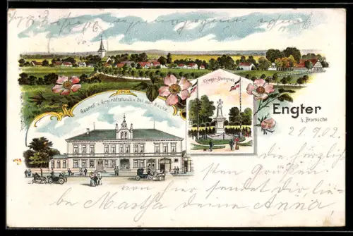 Lithographie Engter b. Bramsche, Gasthof v. Bei der Becke, Kriegerdenkmal