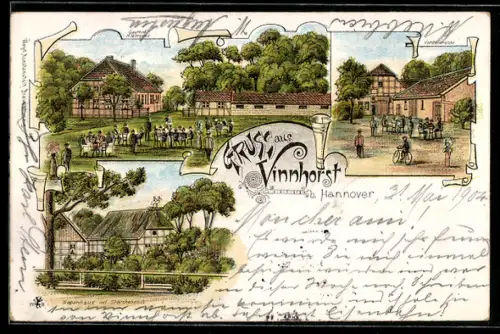 Lithographie Hannover, Gasthaus Vinnhorst, Inh. H. Jürgens, Nebenhaus mit Storchennest