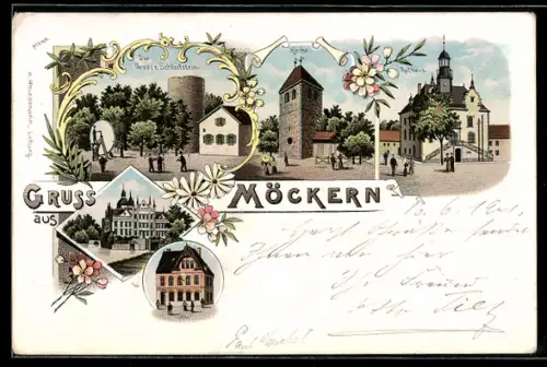 Lithographie Möckern, Der Grosse Schleifstein, Kirche, Rathaus