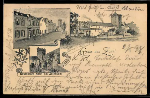 Lithographie Zons, Restaurant Hahn am Zollthurm, Strassenpartie im Ort