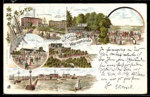 Lithographie Warnemünde, Ortsansicht von der Seeseite, Gasthof Schweizerhaus, Strand, Hotels Berringer und Pavillon