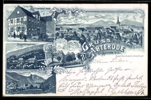 Lithographie Abterode am Meissner, Gasthaus Schröder, Ruine, Meisser