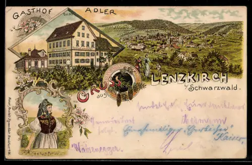 Lithographie Lenzkirch im Schwarzwald, Gasthof zum Adler, Schwaruwälderin, Ortsansicht aus der Vogelschau