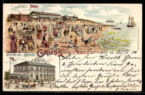 Lithographie Norderney, Central Hotel v. W. Grote, Lesehalle v. Herm. Brahms, Victoria-Halle
