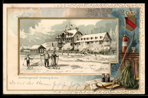 Passepartout-Lithographie Feldberg, Skifahrer, Feldberger Hof